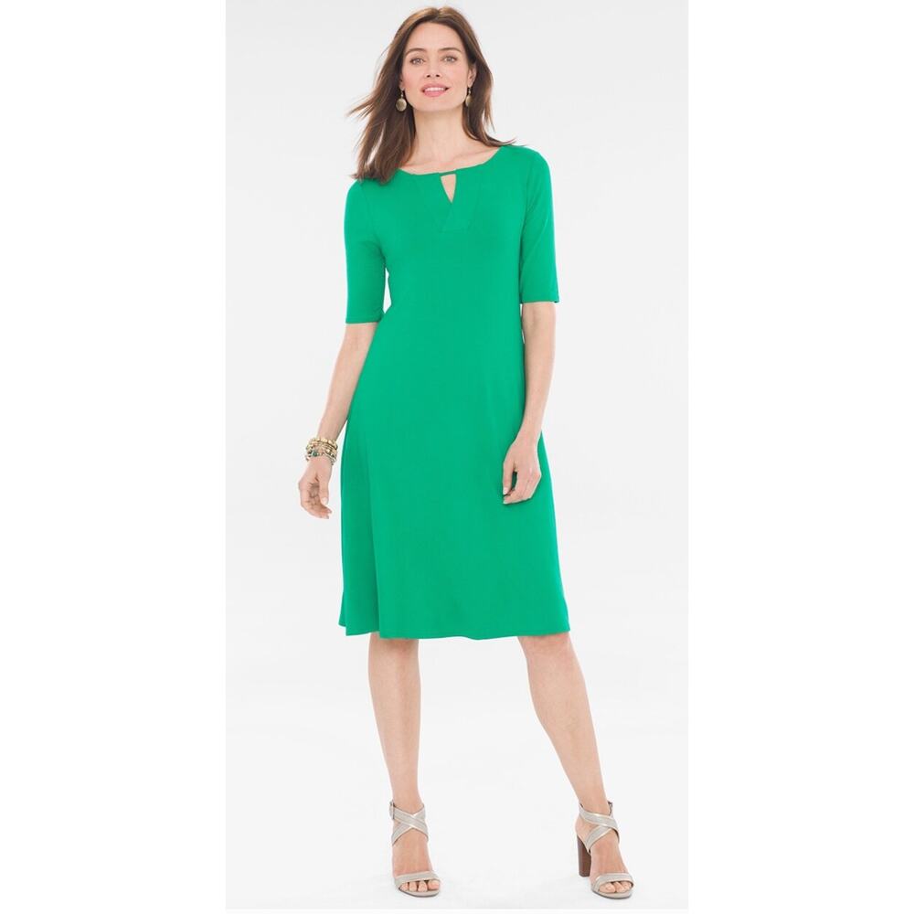 Chicos Solid Keyhole Dress Vivid Green Womens Large Chicos 2 New Knee Length